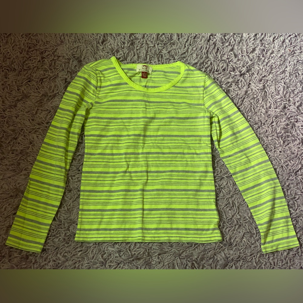 LEI girls size L 10/12 Gray & Neon Yellow Striped Long Sleeve Tee